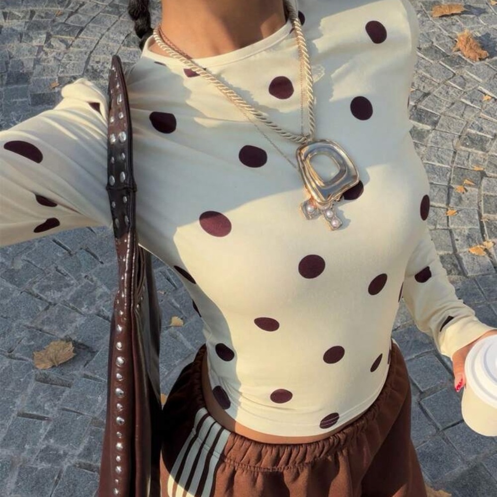 Muchica Women's Casual Polka Dot Print Yellow Knit Long Sleeve Fitted T-Shirt
